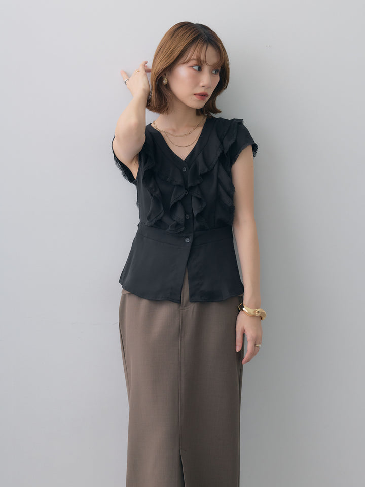 [SET]フリルレースデザインフレンチブラウス+クレープデシンフラップ付きストレートスカート(2set)