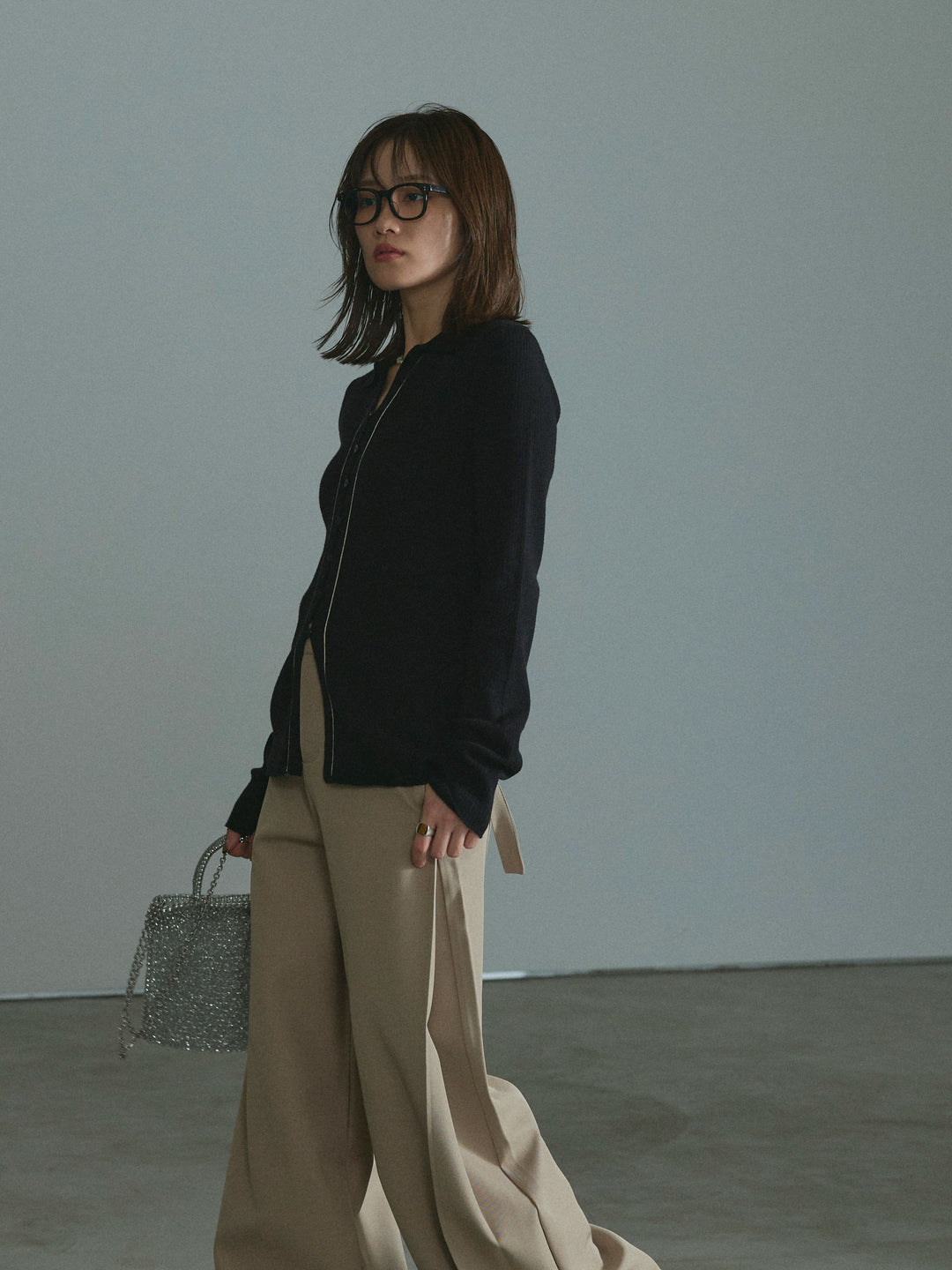 【Allure】[SET]リブ配色ラインポロニットカーディガン+サイドタックワイドパンツ(2set)