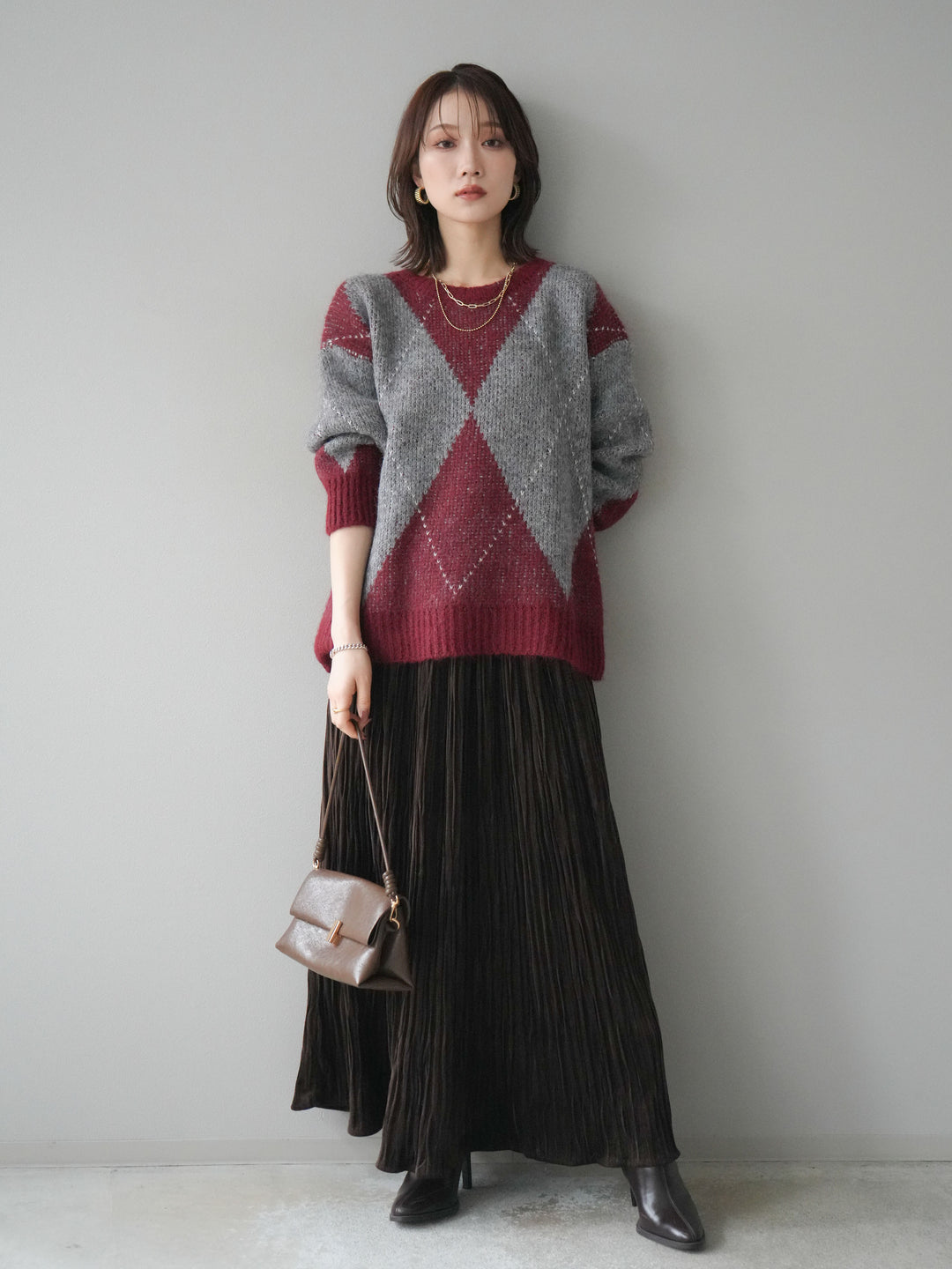 [SET]アーガイルオーバーニットプルオーバー+スエードワッシャープリーツスカート(2set)
