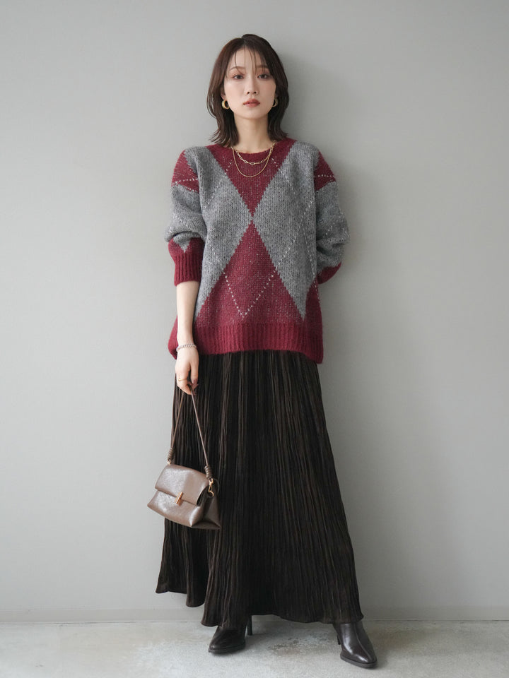 [SET]アーガイルオーバーニットプルオーバー+スエードワッシャープリーツスカート(2set)