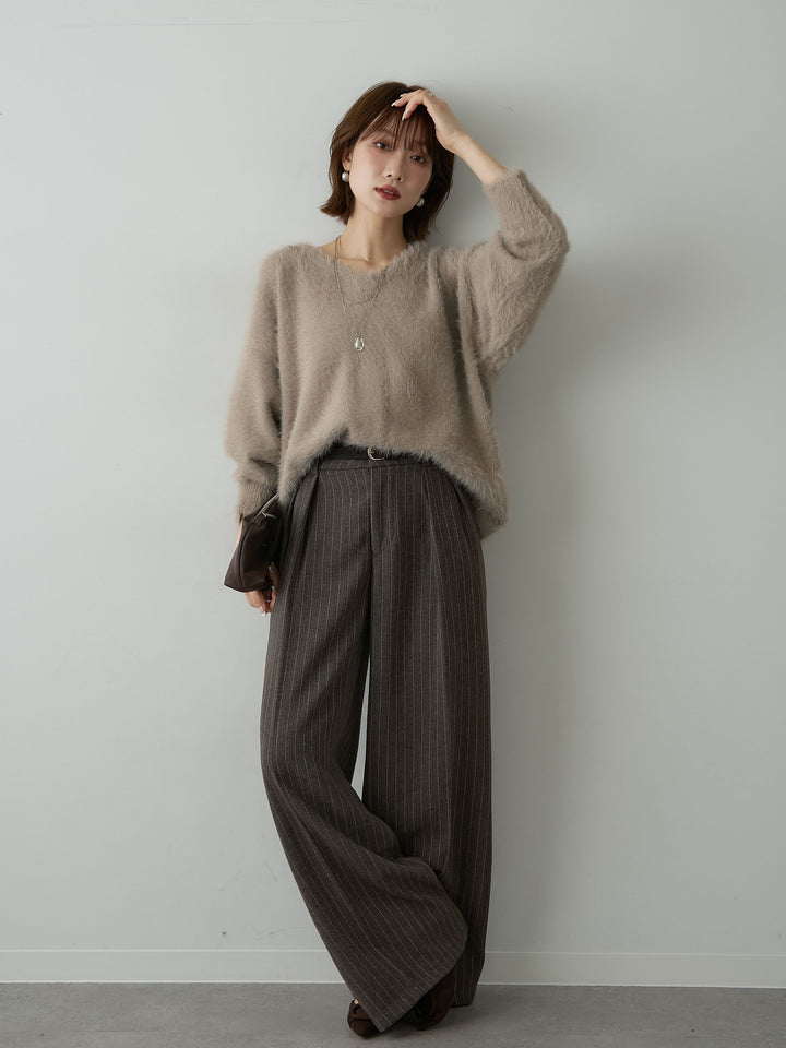 [SET]バックリボンVネックシャギーニットトップス+ピンストライプタックワイドパンツ(2set)