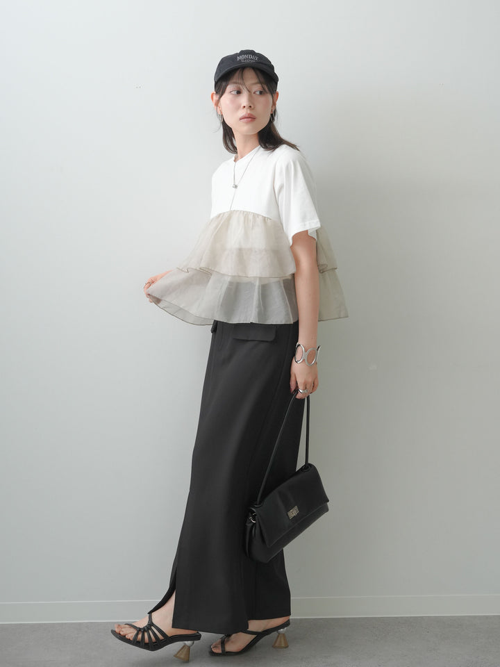 [SET]オーガンジーフリルドッキングTEE+クレープデシンフラップ付きストレートスカート(2set)