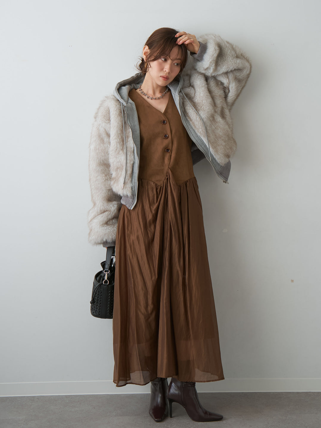 [予約]スウェードタッチ切り替えフレアワンピース/brown