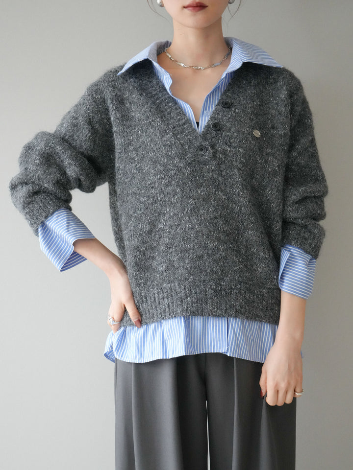 [予約]ストライプシャツドッキングMIXヤーンニットプルオーバー/charcoal