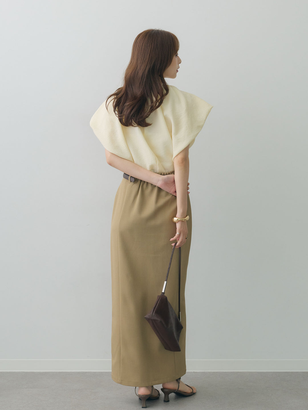 [SET]フレンチタックバルーンブラウス+クレープデシンフラップ付きストレートスカート(2set)