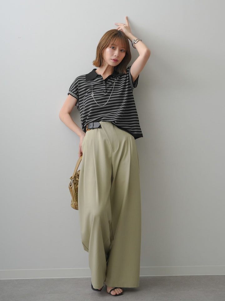 [SET]ポロニットボーダートップス+アシンメトリーベルトタックワイドパンツ(2set)
