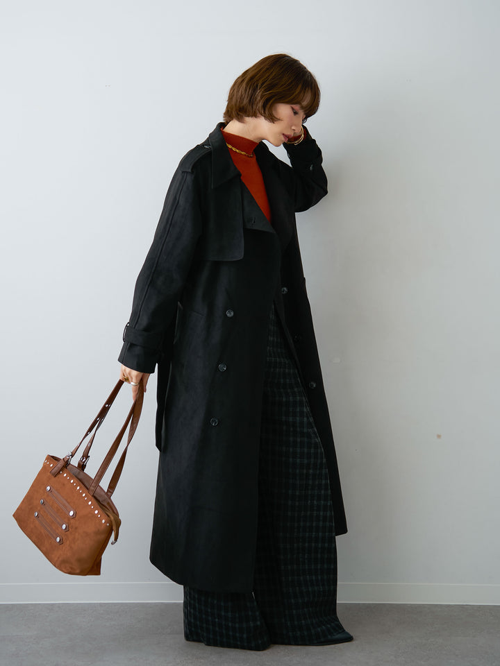 [予約]スウェードタッチロングトレンチコート/black