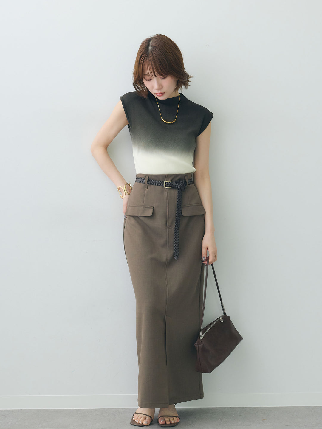 [SET]グラデーションフレンチリブニットトップス+クレープデシンフラップ付きストレートスカート(2set)