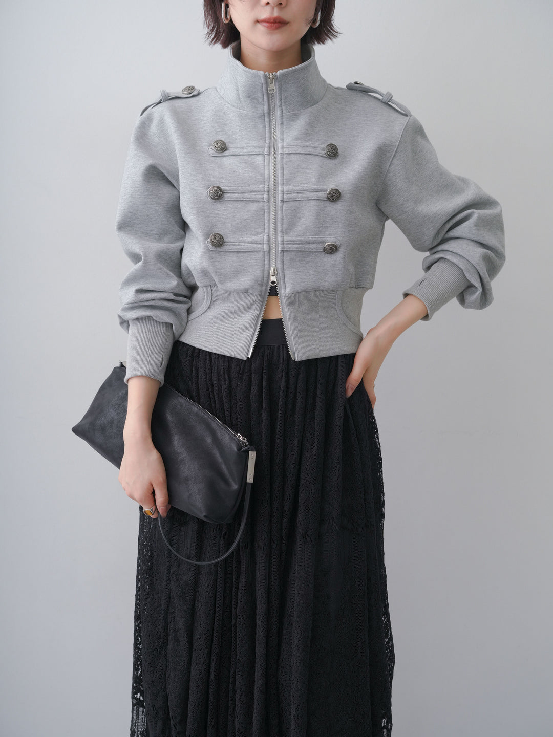 [SET]ナポレオンスウェットブルゾン+ベロアレースドレープフレアスカート(2set)