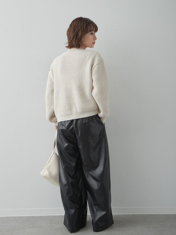 [SET]デニムコンビデザインニットカーディガン+フェイクレザーワイドパンツ(2set)