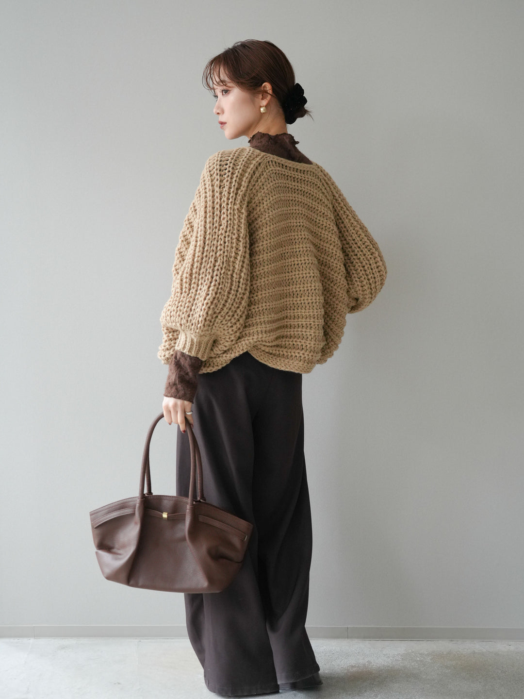 [SET]ローゲージ畦編みドルマンニットボレロ+起毛レースプチネックトップス+ベルトループデザインワイドパンツM(3set)