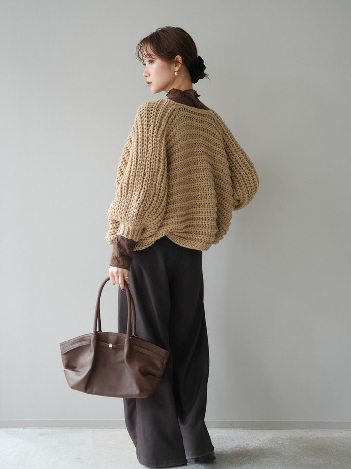 [SET]ローゲージ畦編みドルマンニットボレロ+起毛レースプチネックトップス+ベルトループデザインワイドパンツM(3set)