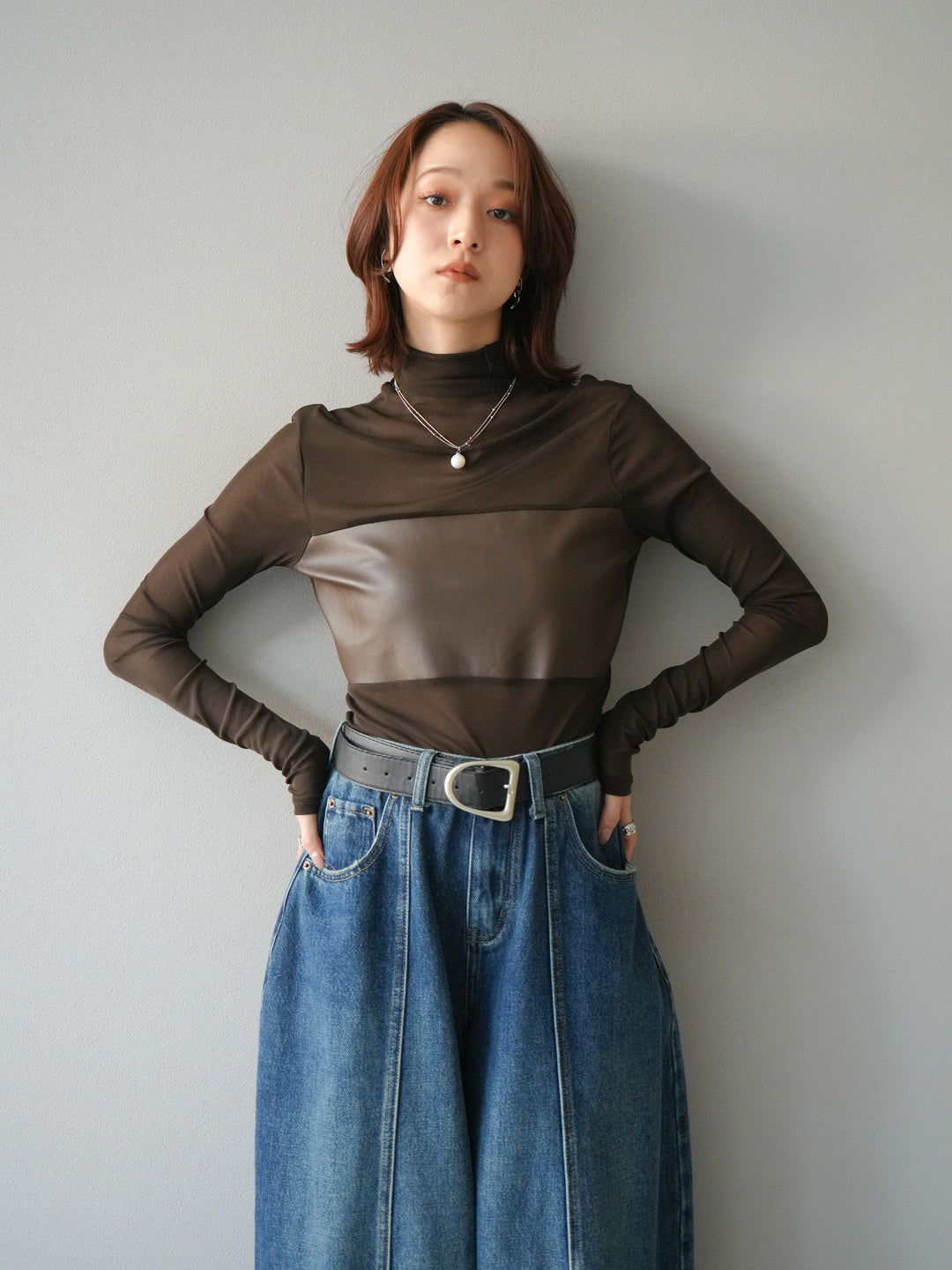 [予約]レザー切替プチネックシアートップス/khaki