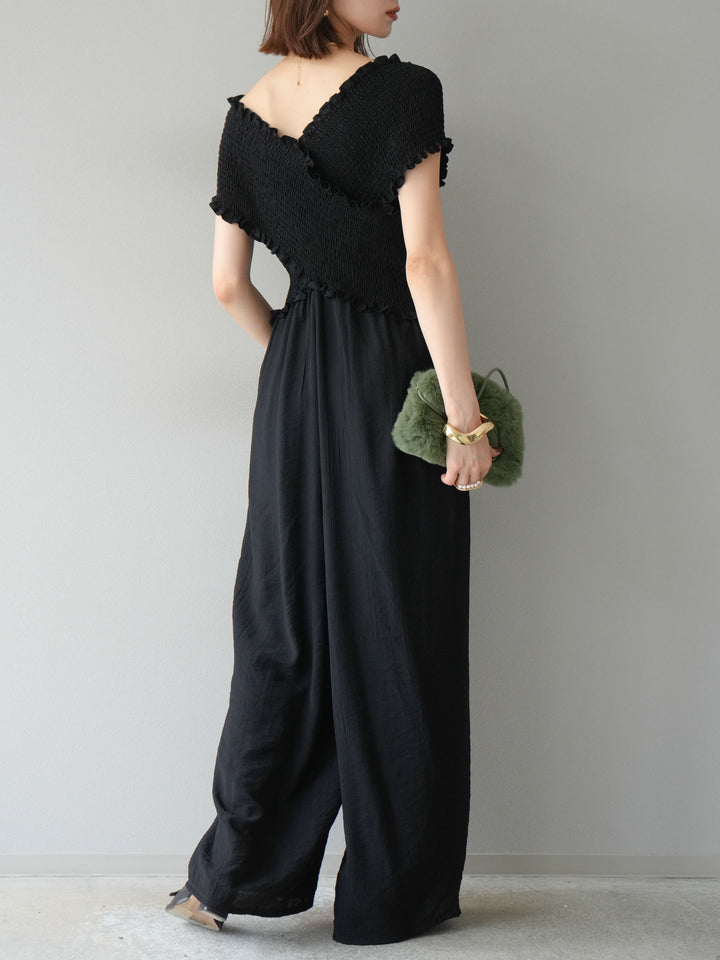 [予約]シャーリングクロスサロペット/ブラック