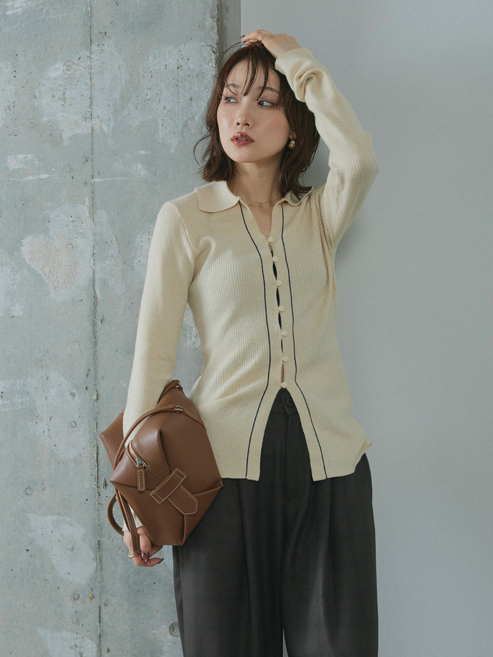 【Allure】[SET]リブ配色ラインポロニットカーディガン+リブ配色ラインポロニットカーディガン(2set)