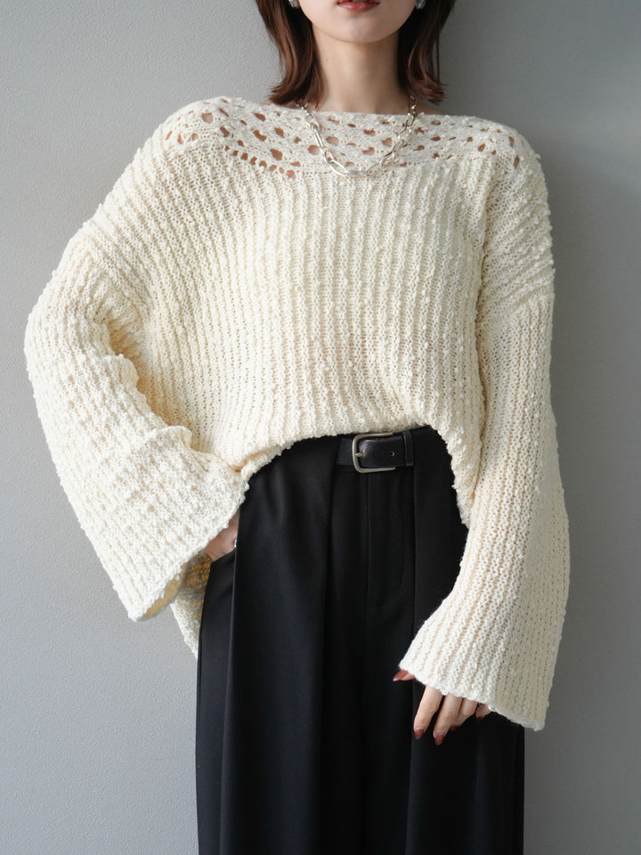 [予約]ボートネック透かし編みニットプルオーバー/white