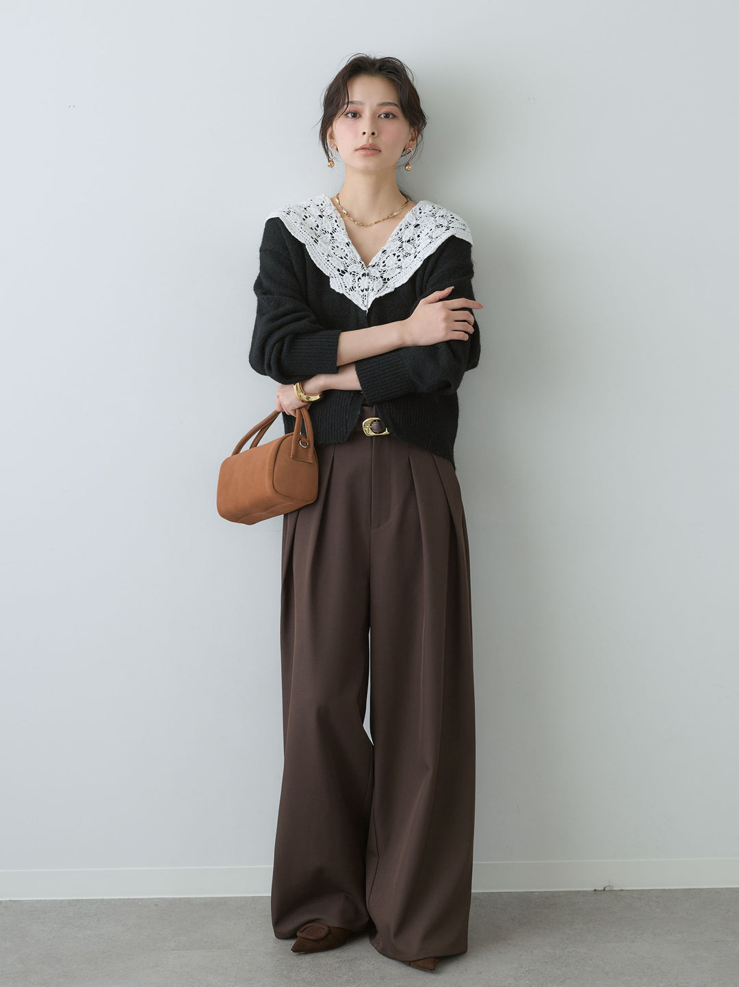 [SET]モヘアレースショールカラーカーディガン+ツイルタックワイドパンツ(2set)