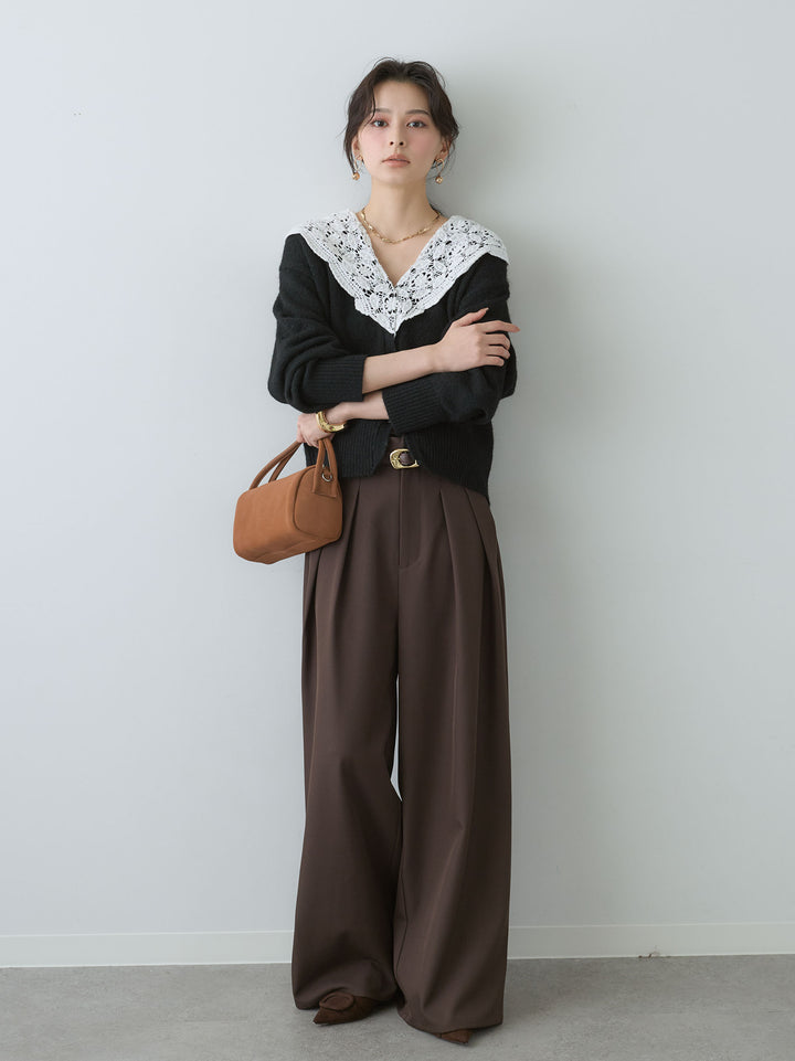 [SET]モヘアレースショールカラーカーディガン+ツイルタックワイドパンツ(2set)