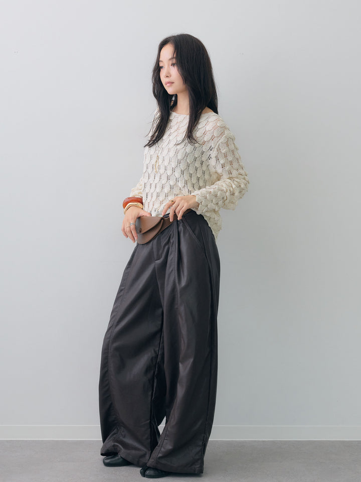 [SET]テクスチャードスカラップニットトップス+フェイクレザーワイドパンツ(2set)