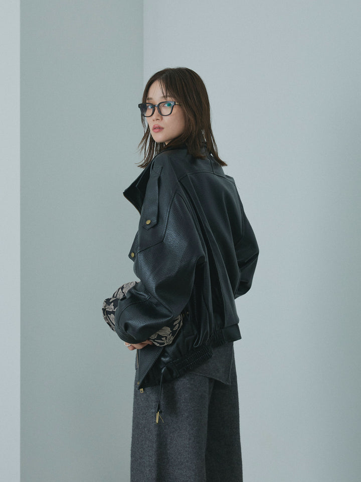 【Allure】[SET]ニットベアトップ＆ワイドパンツSET UP+スタンドカラーレザーブルゾン(2set)