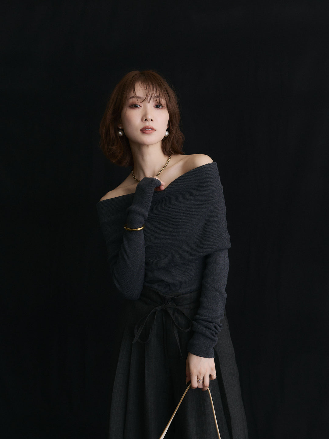 【Allure】[SET]オフショルニットトップス+ウールライクストライプワイドパンツ(2set)