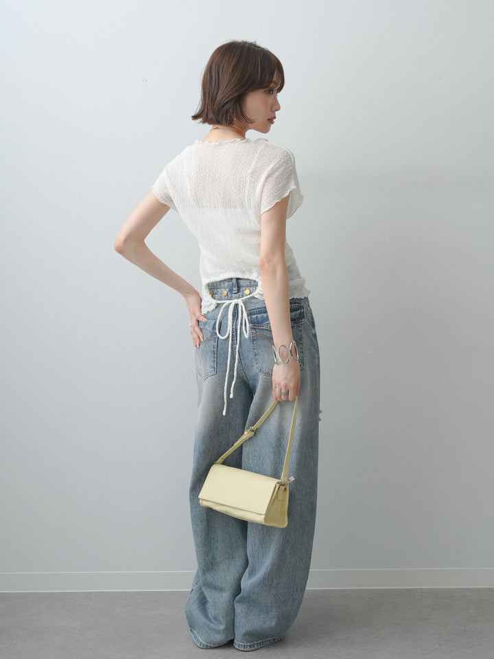 [SET]シャーリングシアーバックオープンフレンチトップス+ダメージデニムセミワイドパンツ(2set)
