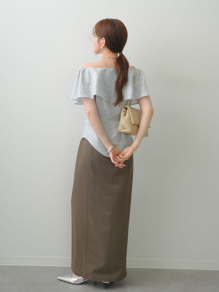 [SET]ラッフルオフショルブラウス+クレープデシンフラップ付きストレートスカート(2set)