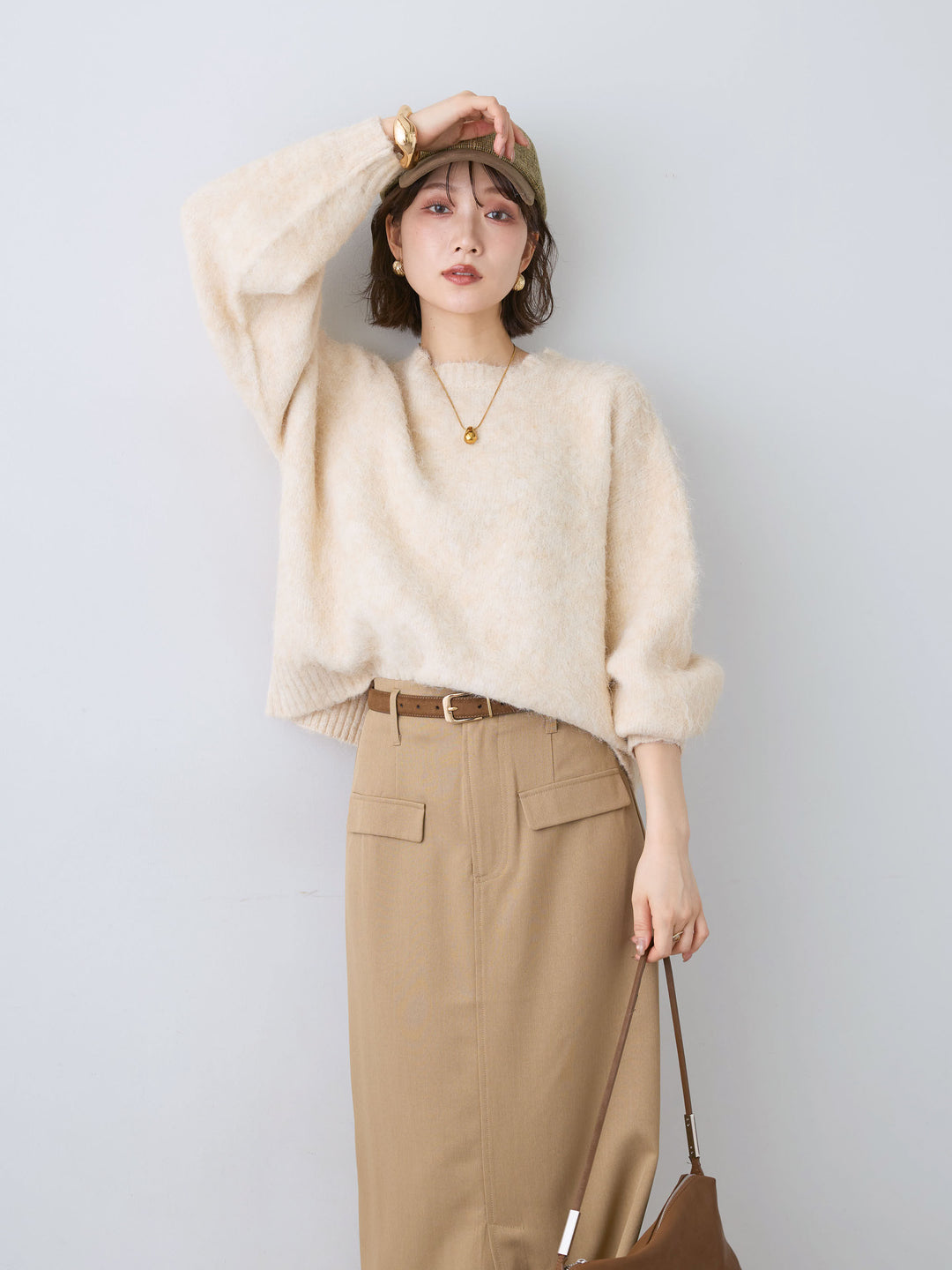 [SET]ソフトシャギーニットプルオーバー+クレープデシンフラップ付きストレートスカート(2set)