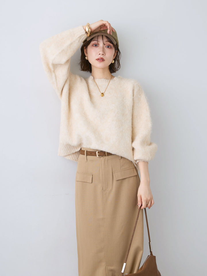 [SET]ソフトシャギーニットプルオーバー+クレープデシンフラップ付きストレートスカート(2set)