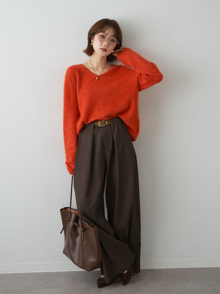 [SET]カシミア混フェザータッチVネックニットトップス+ニューベルトループワイドパンツ(2set)
