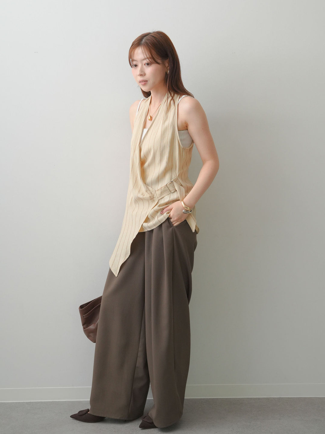 [SET]ストライプカシュクールジレ+クレープデシンタックワイドパンツ(2set)