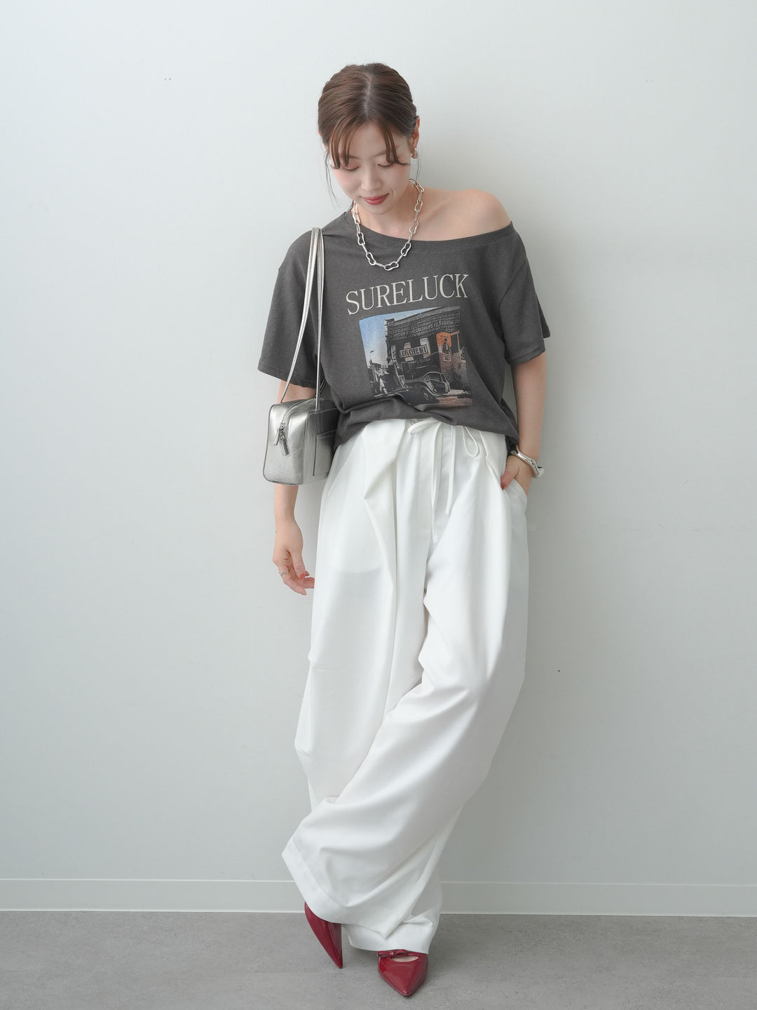 [SET]ワイドネックプリントTEE+ベルトループカーブタックワイドパンツ(2set)