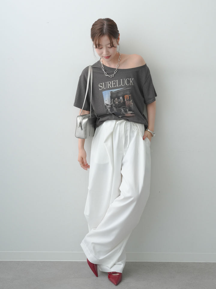 [SET]ワイドネックプリントTEE+ベルトループカーブタックワイドパンツ(2set)
