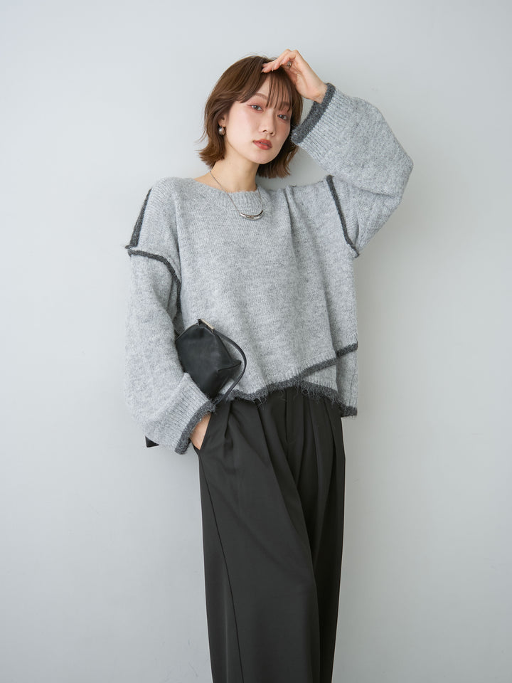 [SET]配色ラインデザインヘムニットプルオーバー+ツイルタックワイドパンツ(2set)