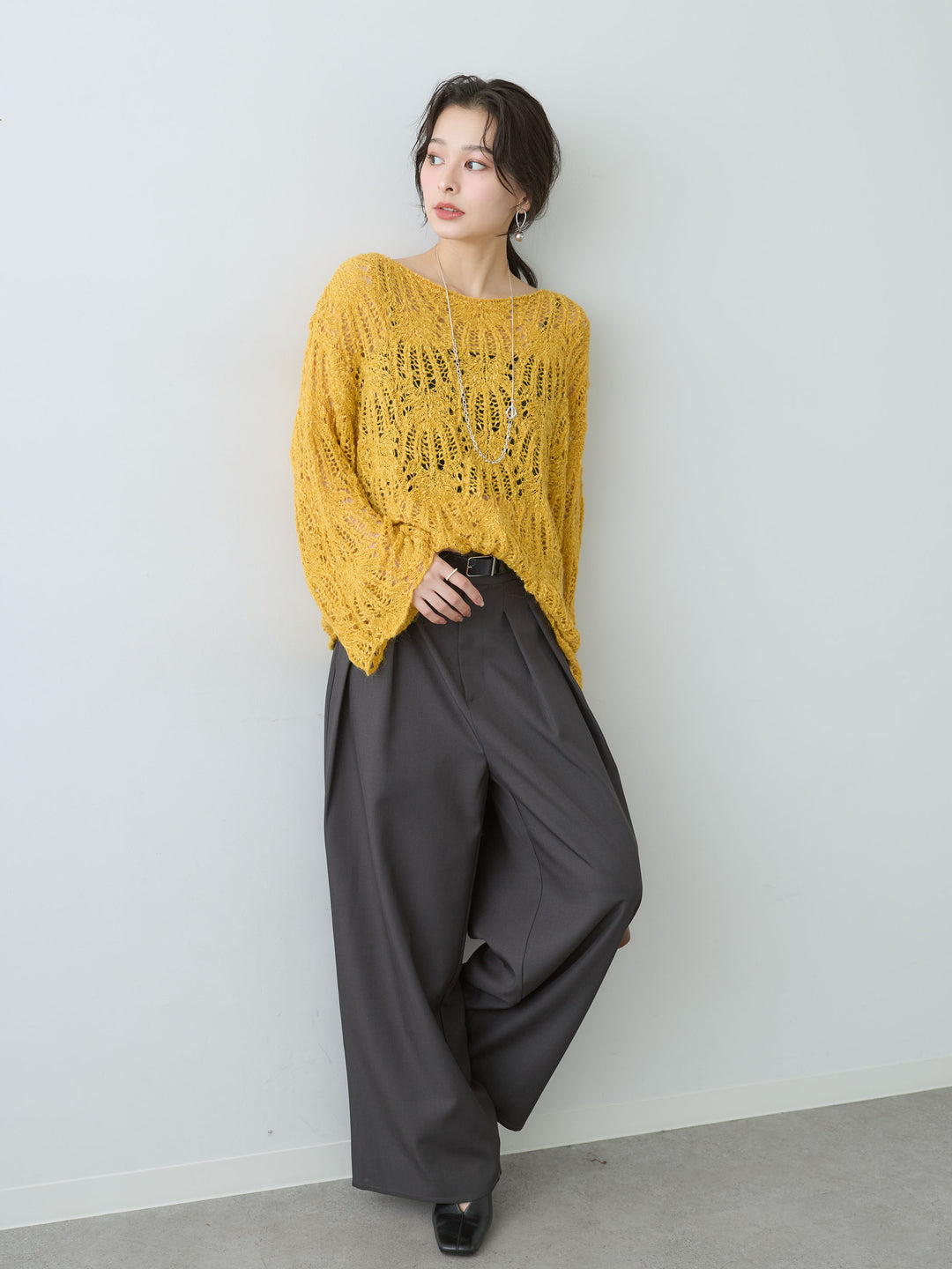 [SET]ミックスループ透かし編みニットトップス+ツイルタックワイドパンツ(2set)