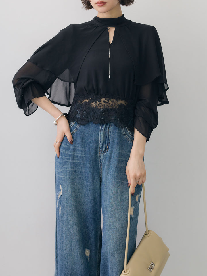 [予約]レースヘムケープデザインシアーブラウス/black