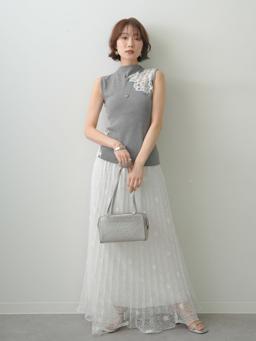 [SET]サイドレースノースリモックニットトップス+フローラルレースプリーツスカート(2set)