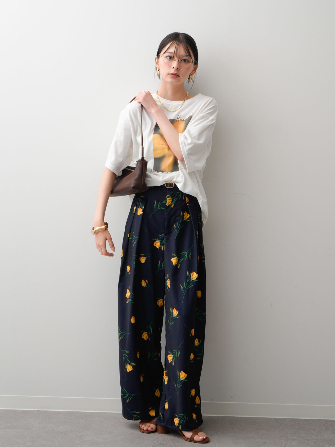 [SET]フラワーフォトTEE+フラワープリントドレープタックパンツ(2set)