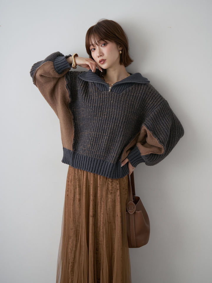 [予約]バイカラーハーフジップリブニットトップス/navy