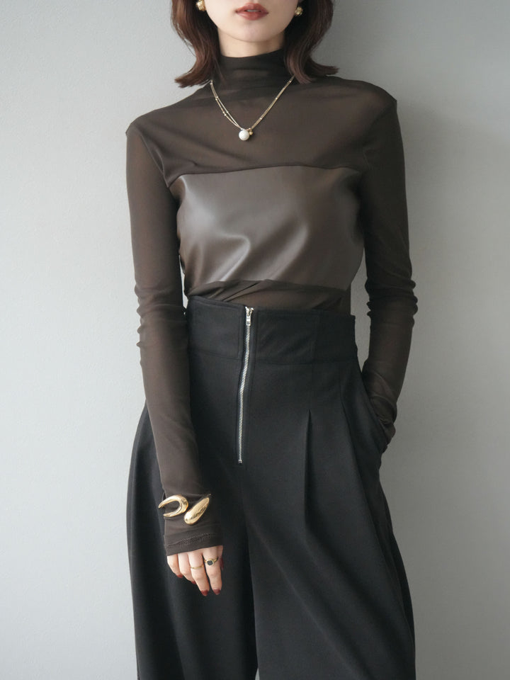 [予約]レザー切替プチネックシアートップス/khaki