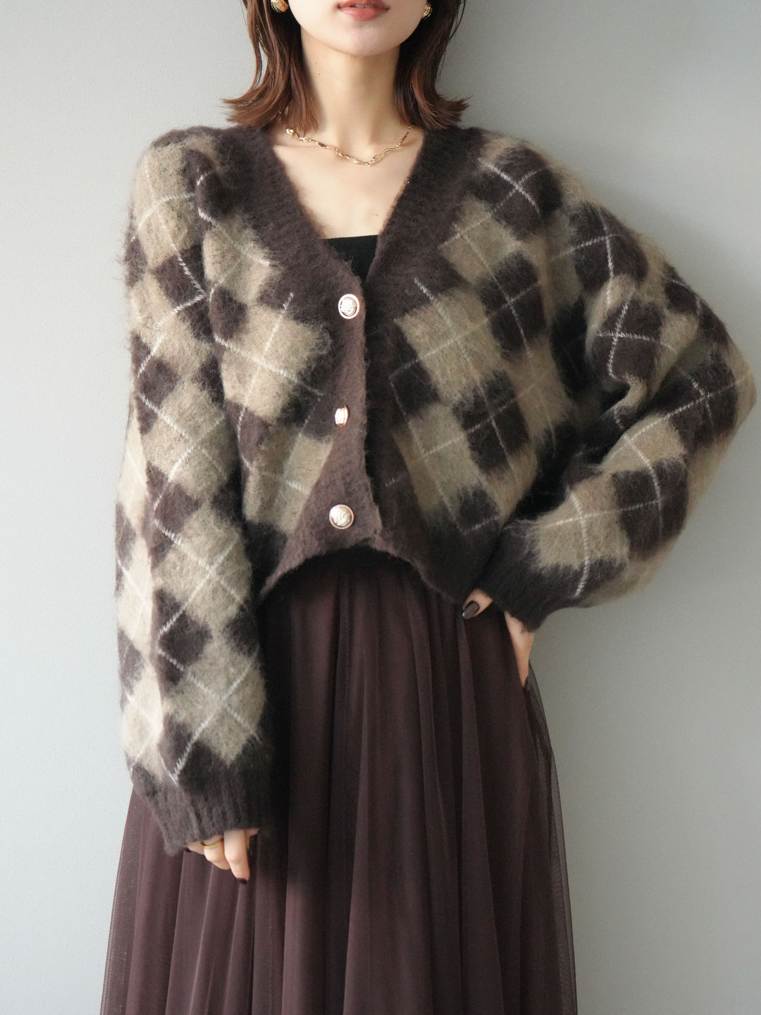 [予約]アーガイルシャギーニットカーディガン/brown