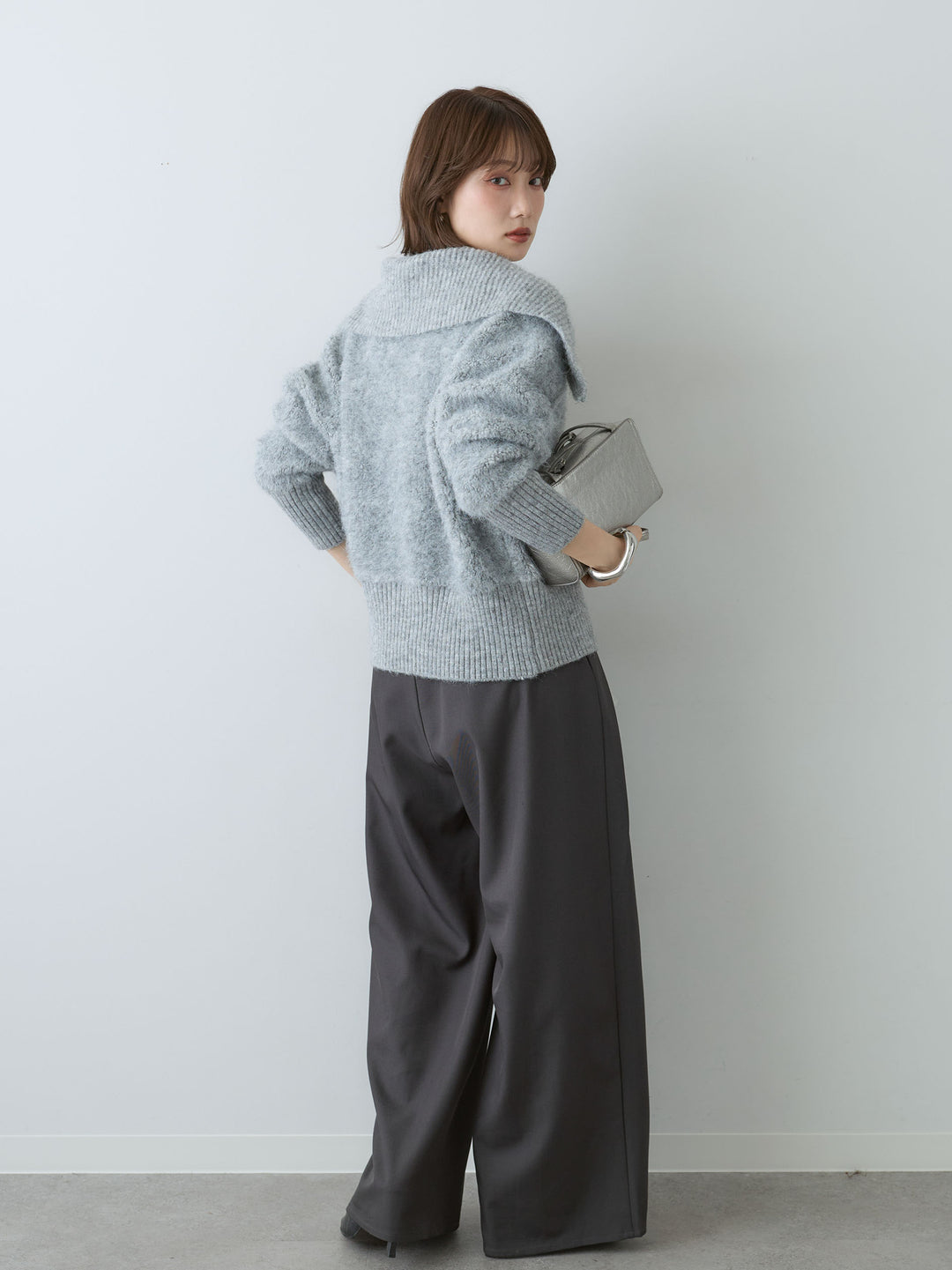 [SET]ビッグカラーシャギーニットブルゾン+ツイルタックワイドパンツ(2set)