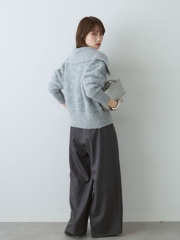 [SET]ビッグカラーシャギーニットブルゾン+ツイルタックワイドパンツ(2set)