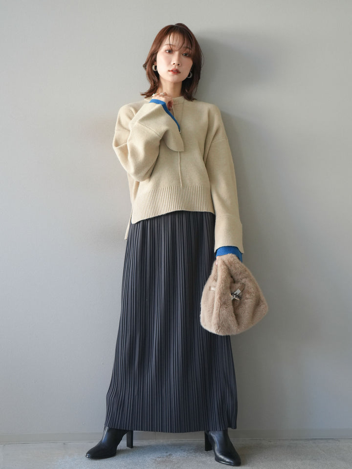 [SET]袖レイヤード配色ニットプルオーバー+プリーツIラインスカート(2set)