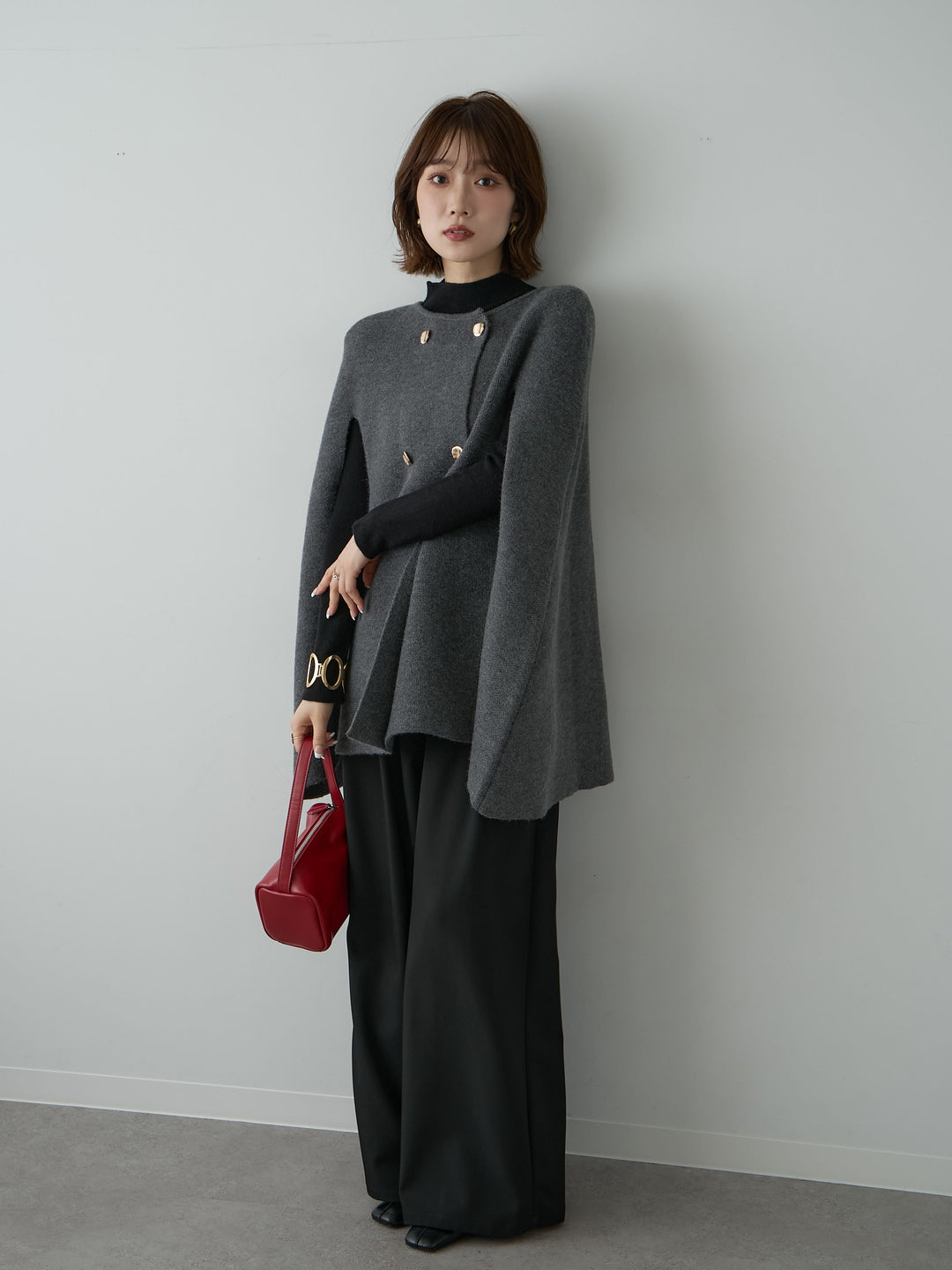 [SET]ゴールドボタンニットケープコート+ベルトループデザインワイドパンツ(2set)