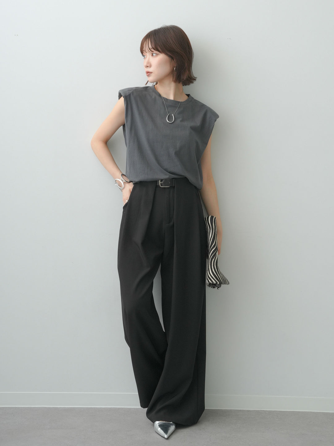 [SET]ショルダーパッドフレンチTEE+ベルトループデザインワイドパンツ(2set)
