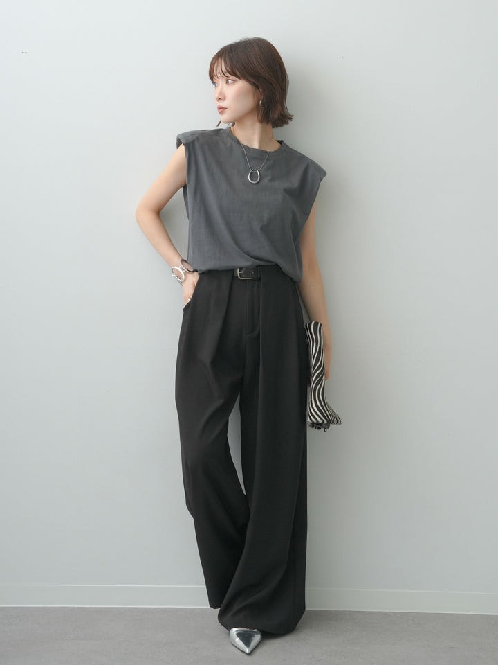 [SET]ショルダーパッドフレンチTEE+ベルトループデザインワイドパンツ(2set)