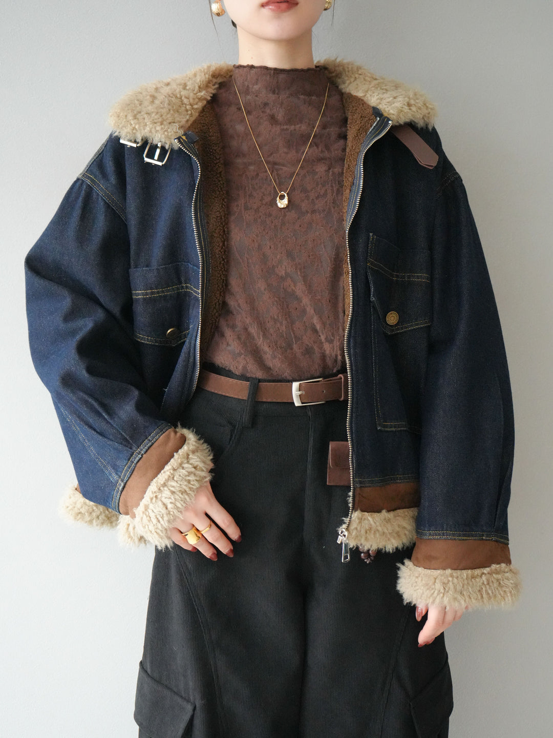 [予約]スタンドカラーファー×デニムジャケット/indigo