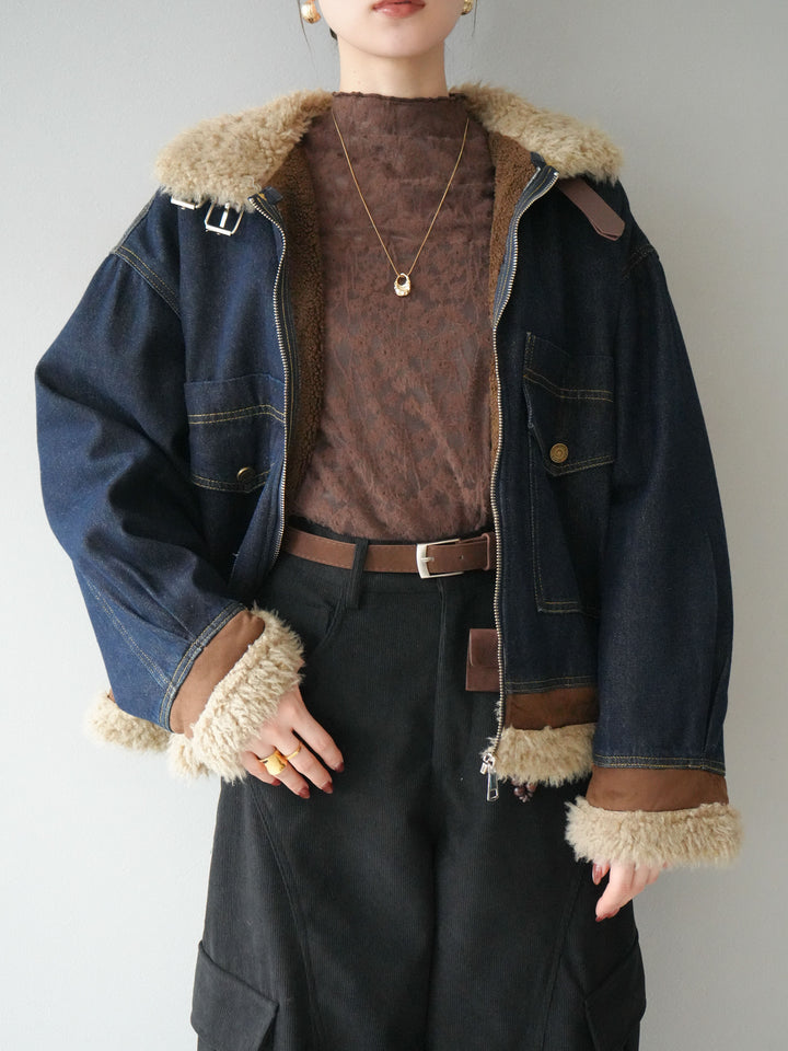 [予約]スタンドカラーファー×デニムジャケット/indigo