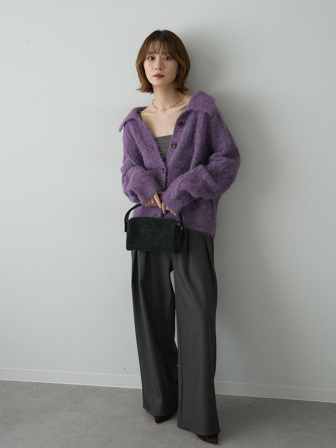 [SET]ビッグカラーケーブルシャギーカーディガン+ツイルタックワイドパンツ(2set)